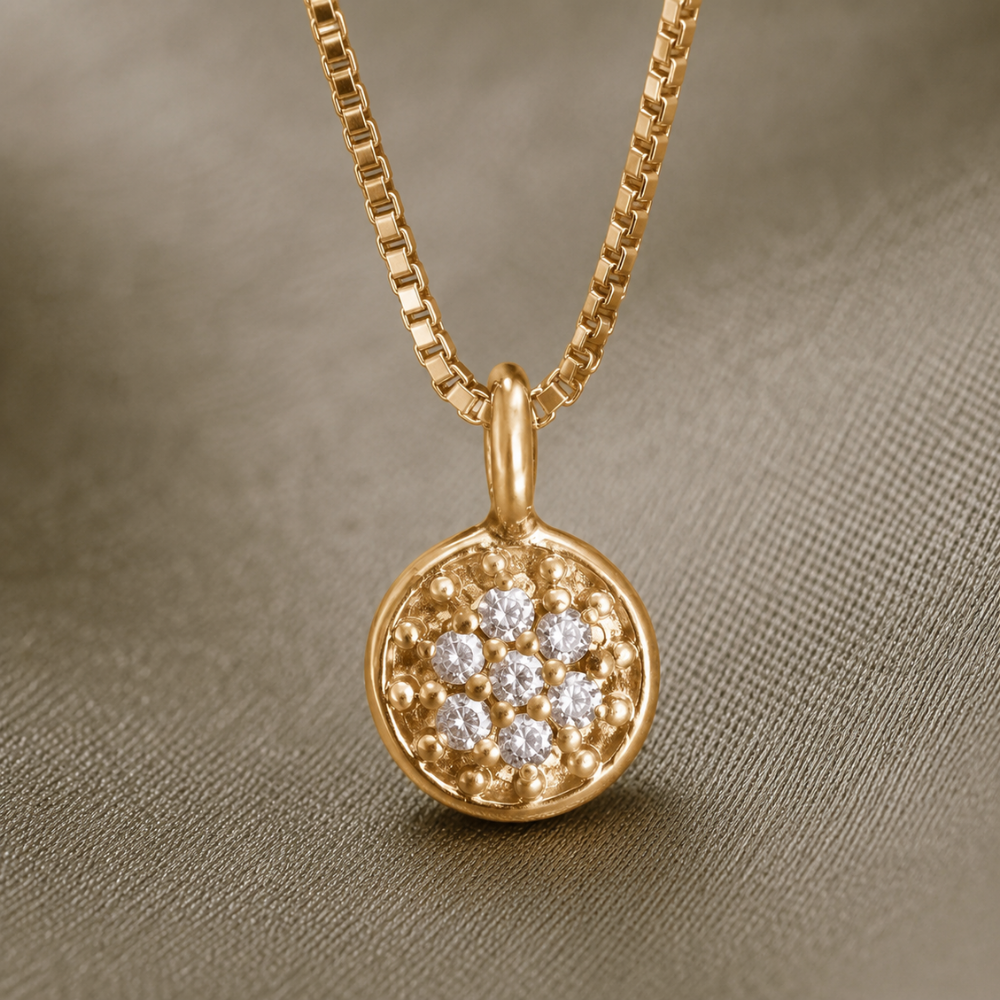 16" 14 Karat Gold Plated Diamond Studded Disc Necklace