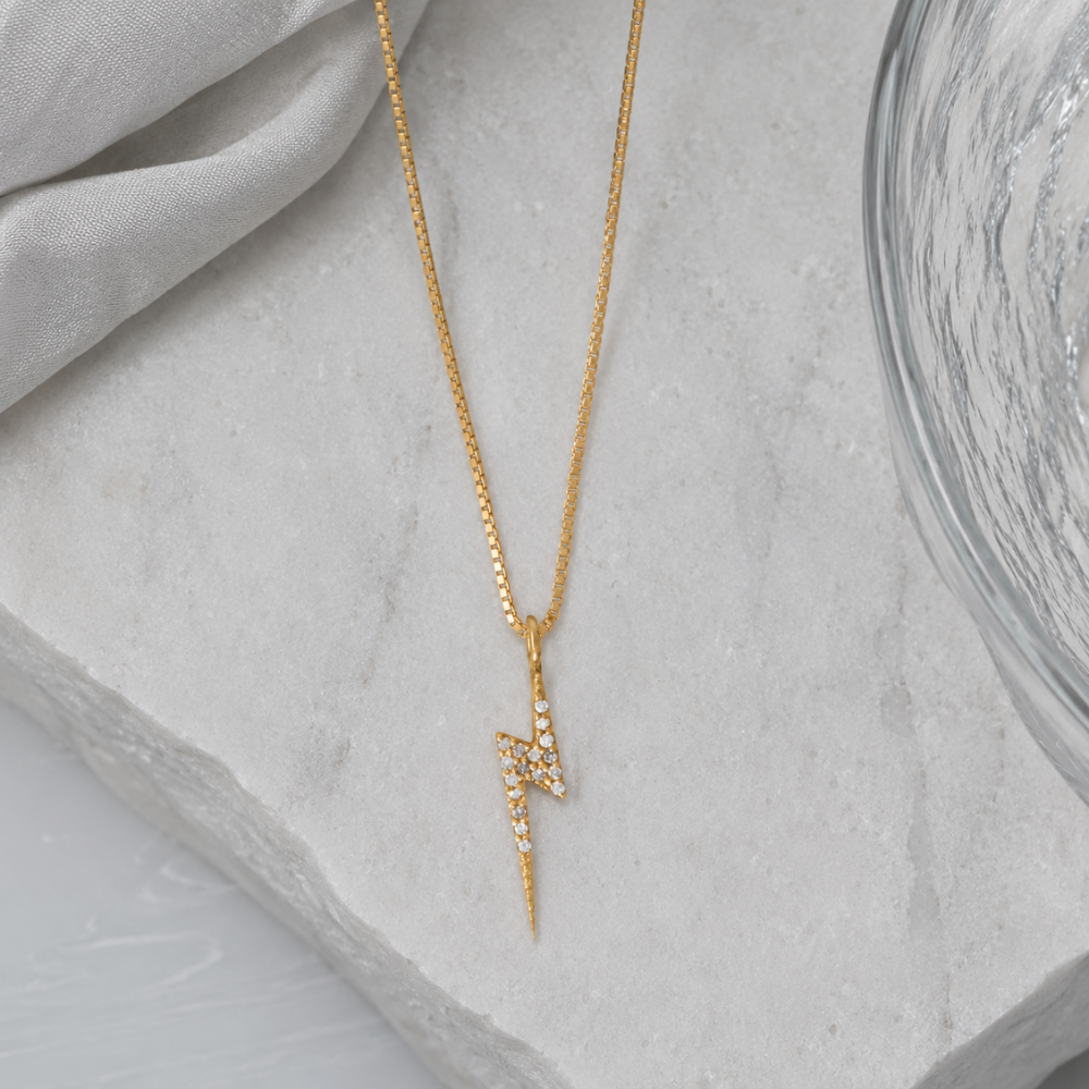 16" 14 Karat Gold Plated Diamond Studded Lightning Bolt Necklace
