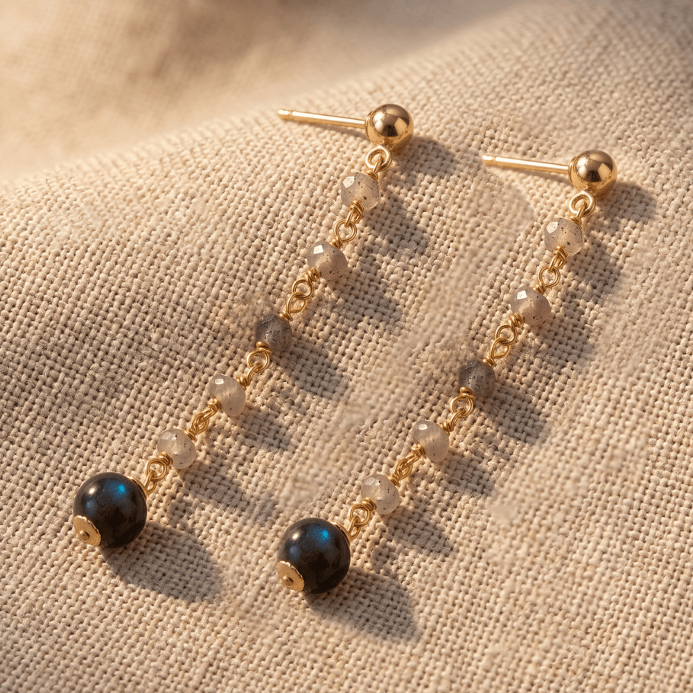 14 Karat Gold Plated Post Earrings with Labradorite Beads