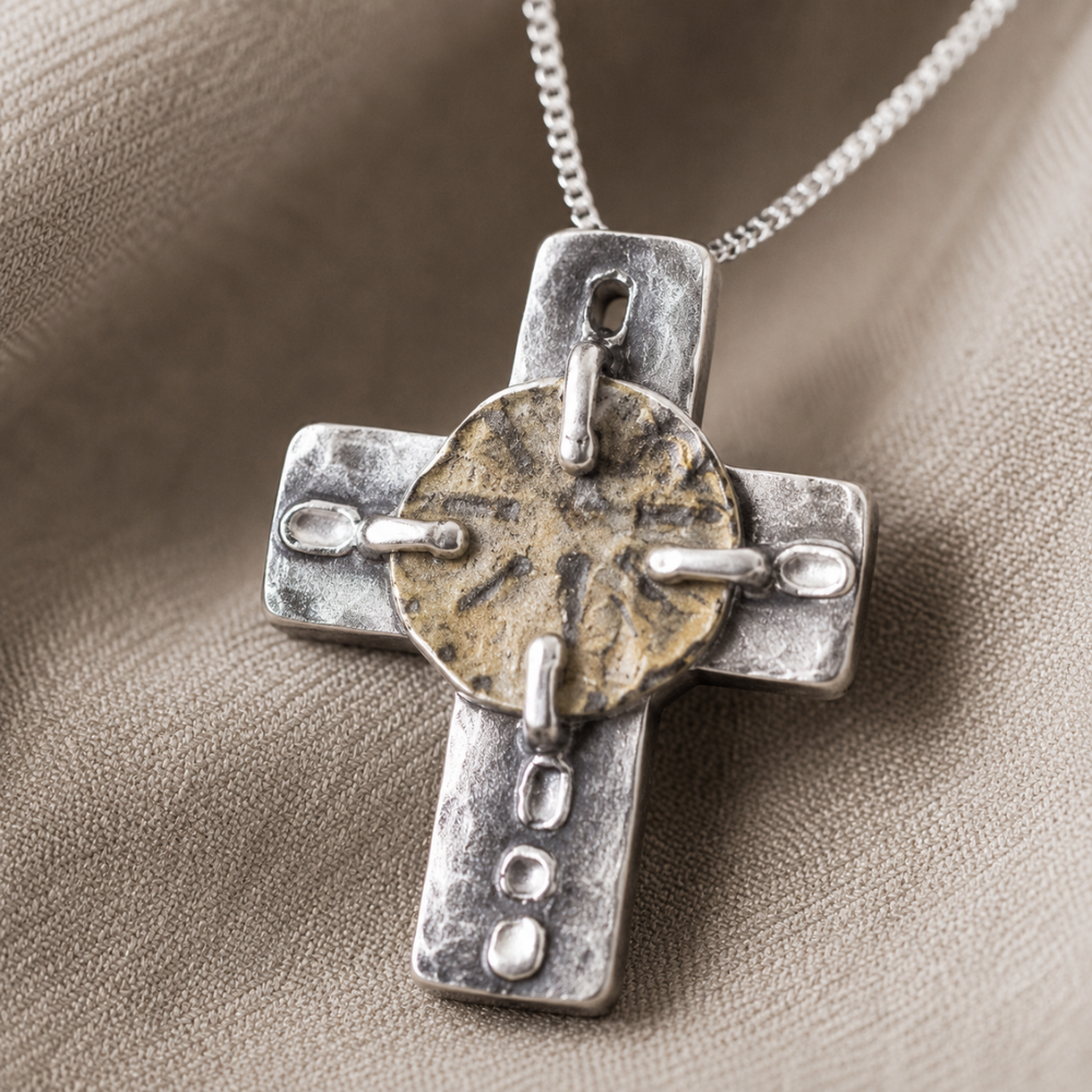 18" Cross and Ancient Coin Necklace