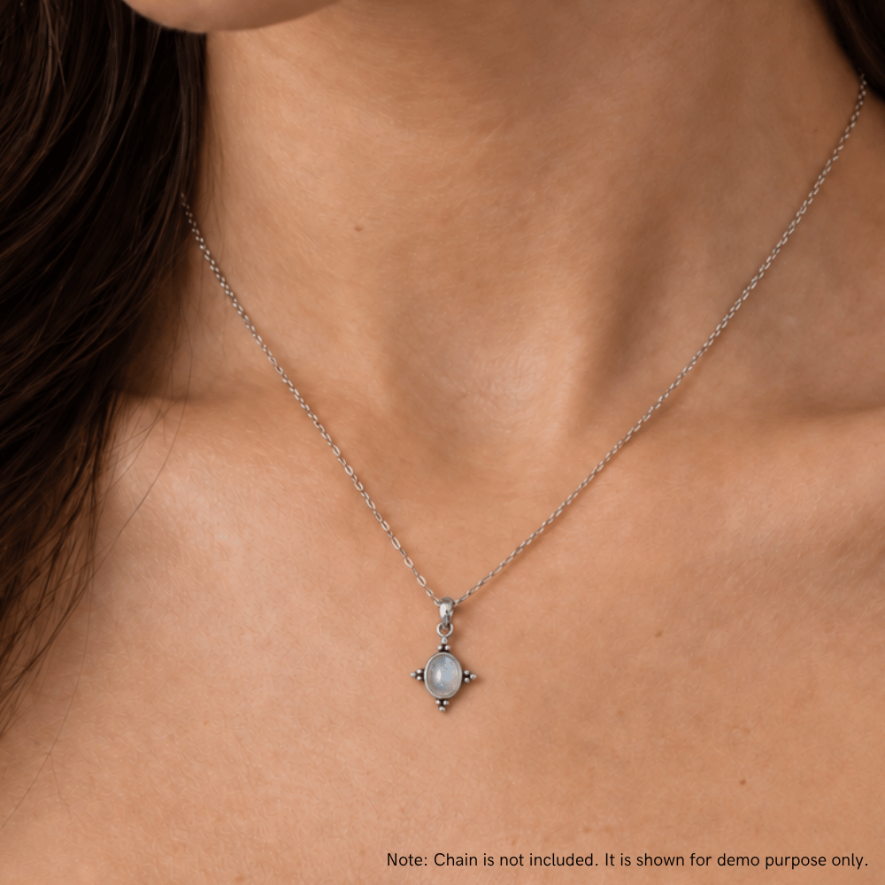 Oxidized Oval Rainbow Moonstone Pendant with Beaded Accents