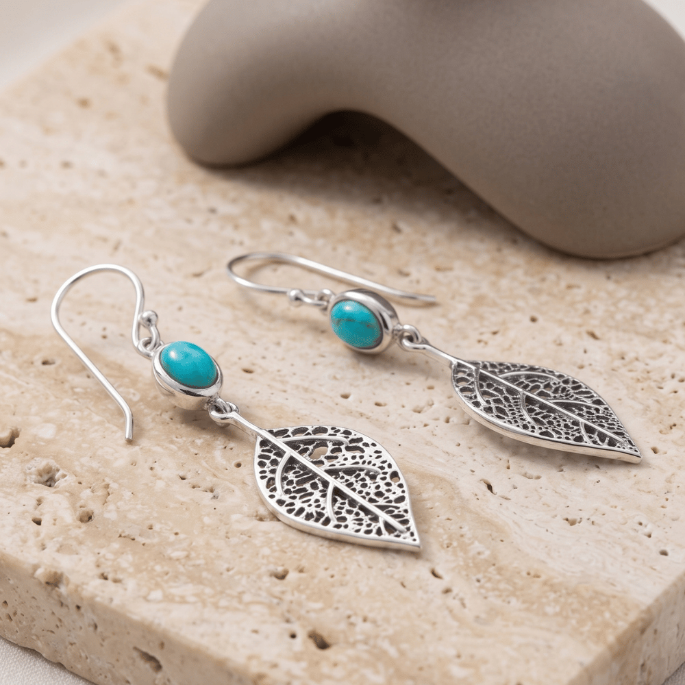 Oxidized Turquoise and Leaf French Wire Earrings