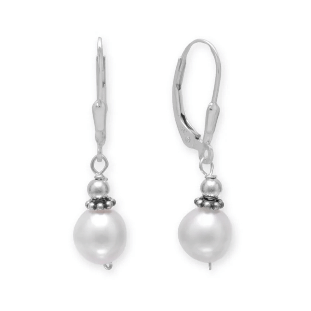 White Cultured Freshwater Pearl with Bali Bead Lever Earrings