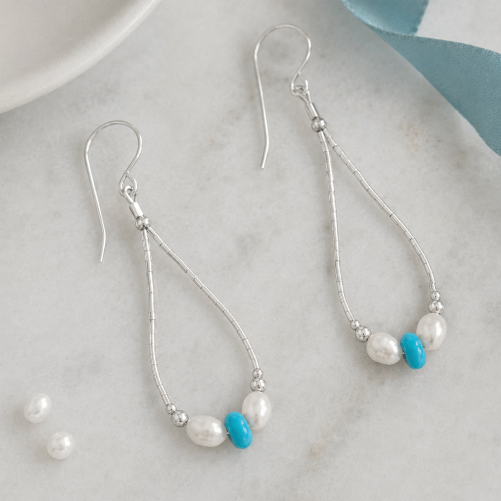 Cultured Freshwater Pearl and Turquoise Liquid Silver Pear Outline Earrings