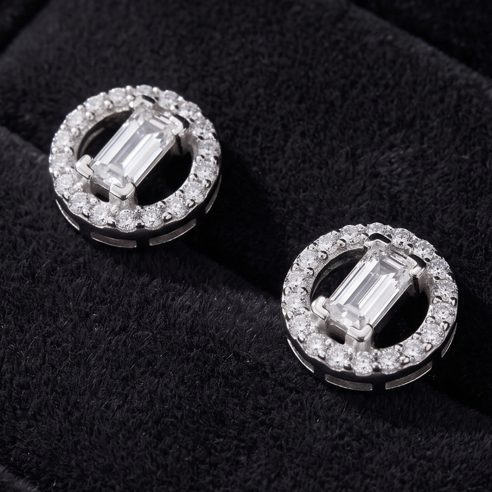 Baguette and Halo CZ Stud Earrings - Rhodium Plated - view 3