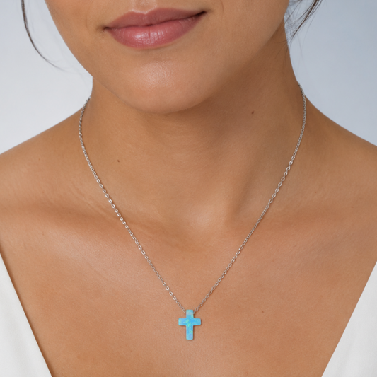 16" + 2" Rhodium Plated Synthetic Opal Cross Necklace