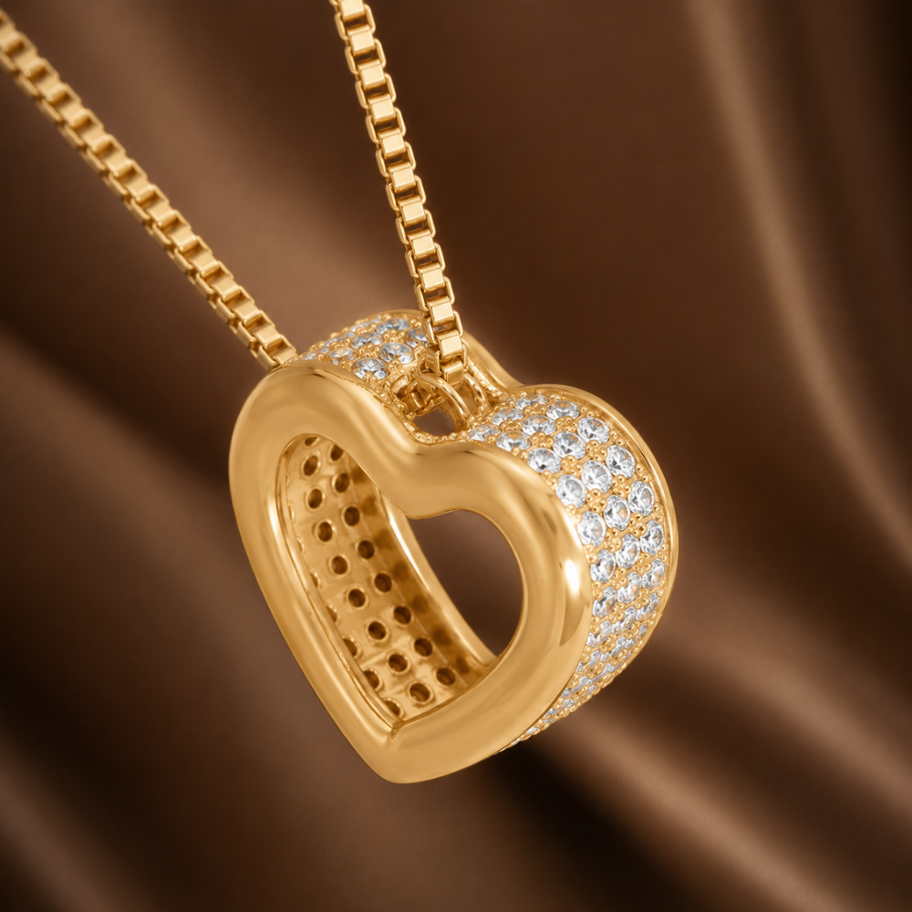 16" + 2" 14 Karat Gold Plated CZ Lined Floating Heart Necklace