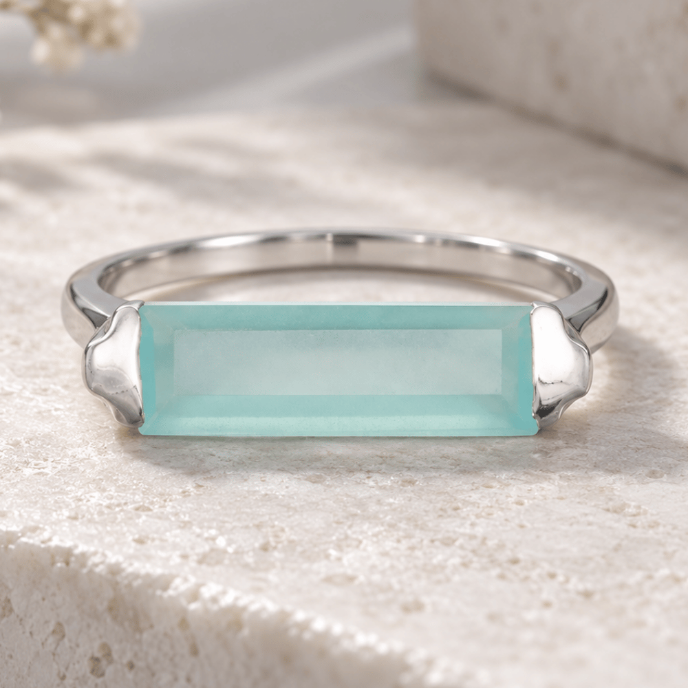 Rhodium Plated Green Chalcedony Bar Ring