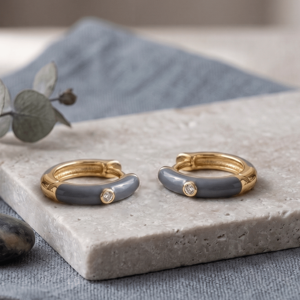 14 Karat Gold Plated Grey Enamel and CZ Hoop Earrings