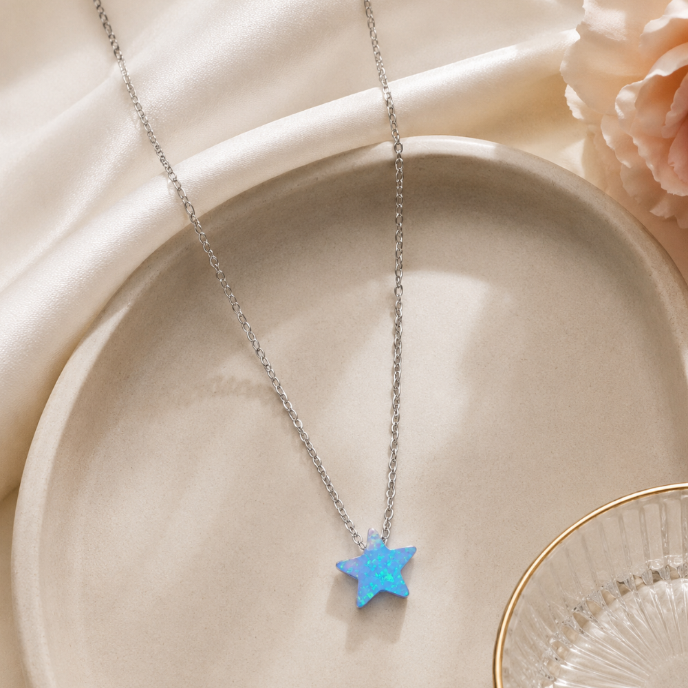 16" + 2" Rhodium Plated Synthetic Opal Star Necklace