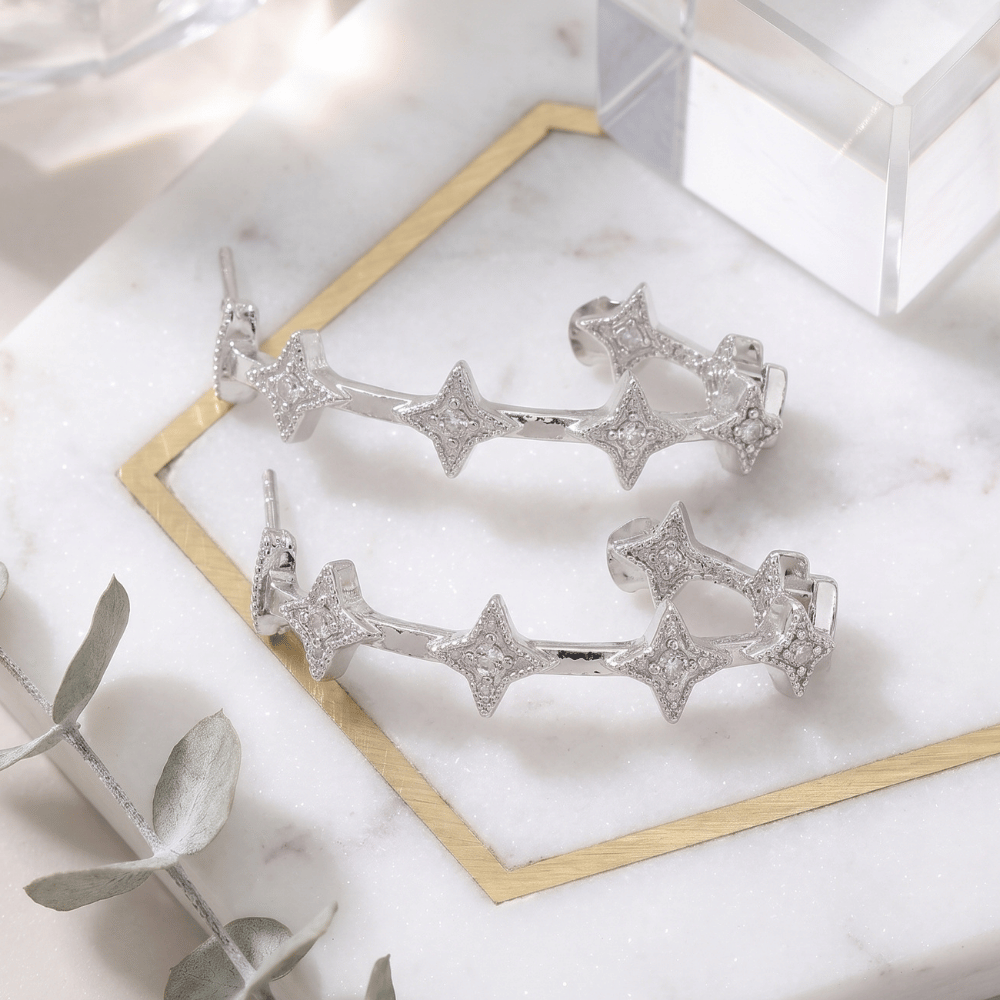 Rhodium Plated CZ Star In/Out Fashion Hoop Earrings