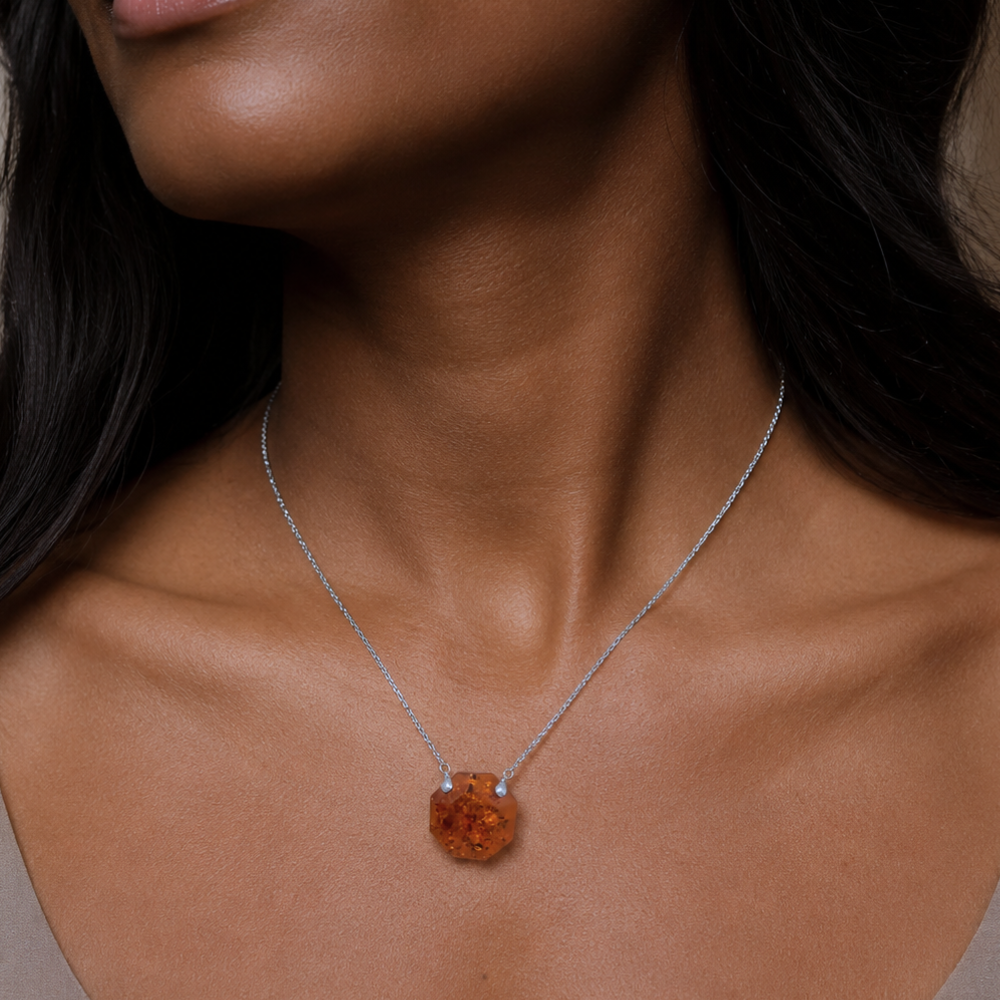 18" + 2" Rhodium Plated Octagon Baltic Amber Necklace