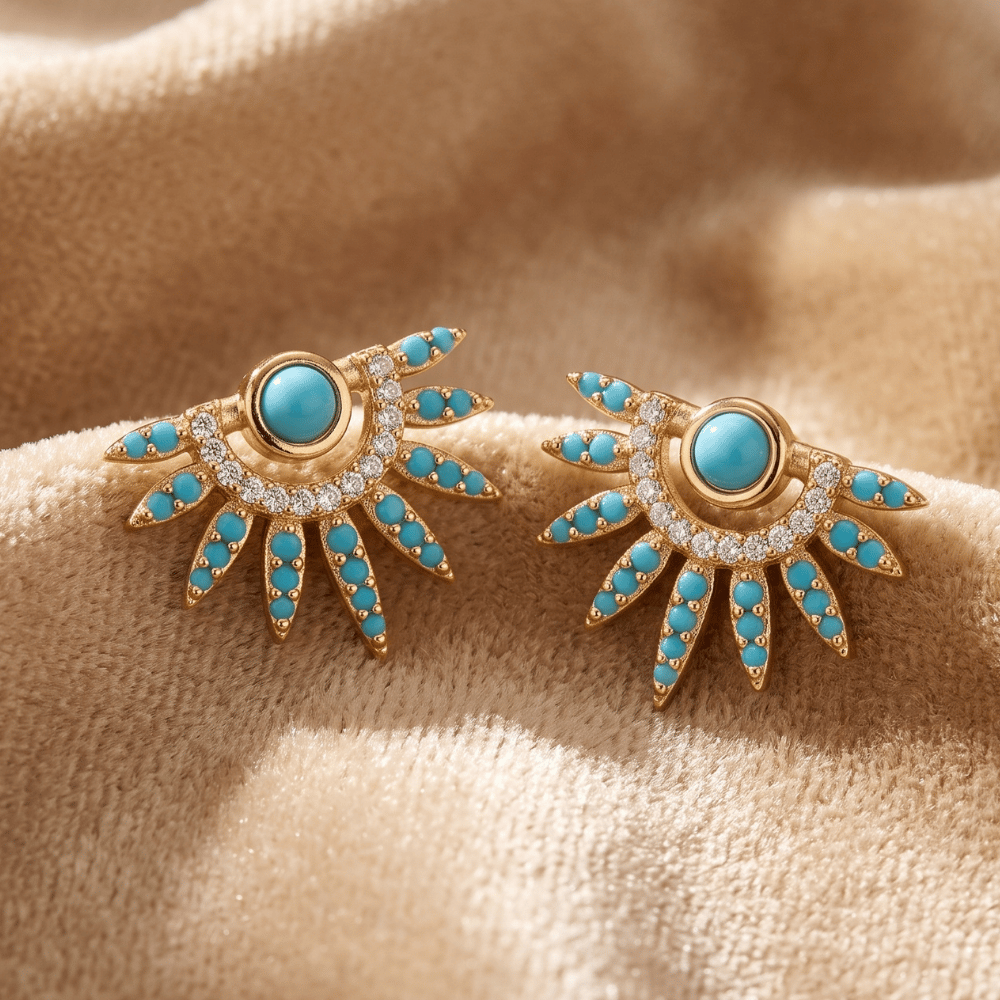 14 Karat Gold Plated Synthetic Turquoise and CZ Spike Post Earrings