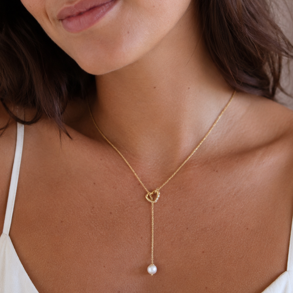 16" + 2" 14K Gold Plated Cultured Freshwater Pearl & CZ Heart Lariat Necklace
