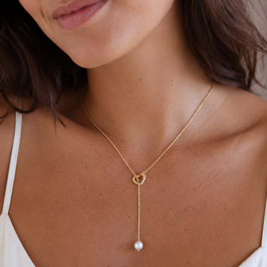 16" + 2" 14K Gold Plated Cultured Freshwater Pearl & CZ Heart Lariat Necklace
