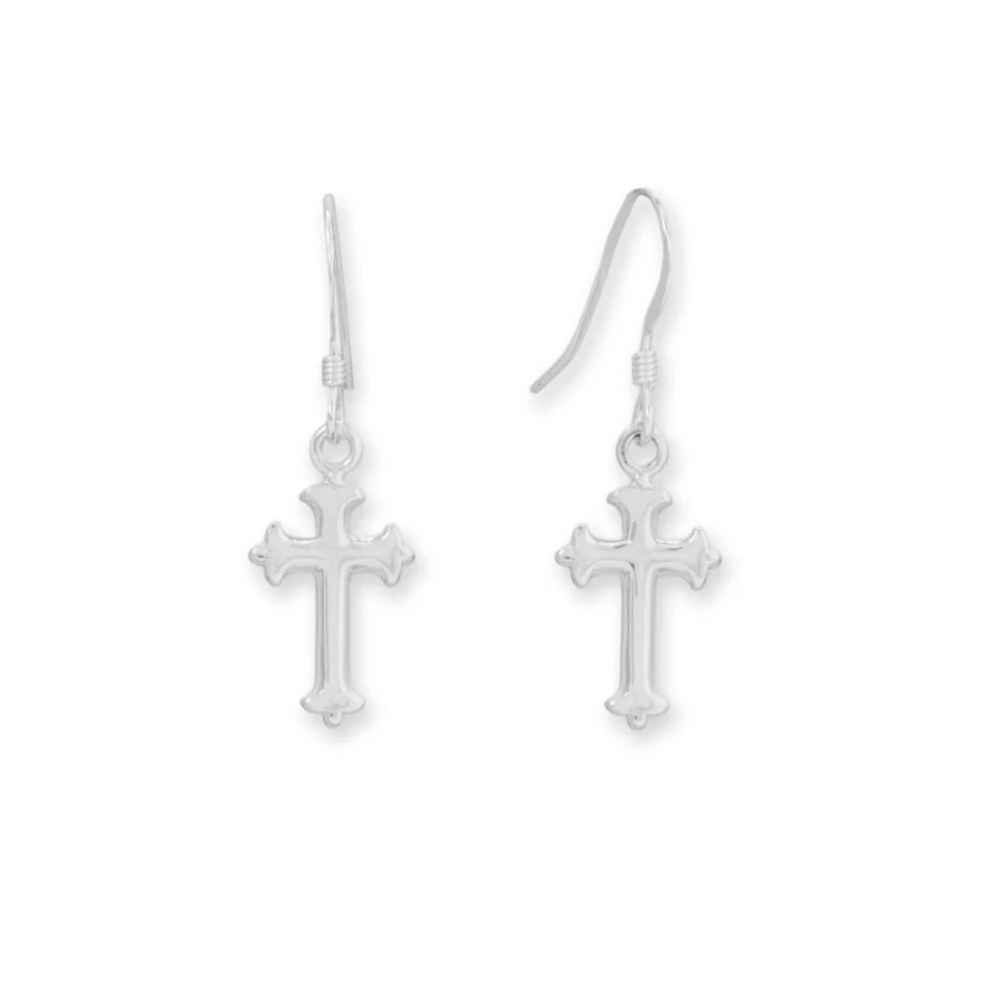 Ornate Polished Cross French Wire Earrings