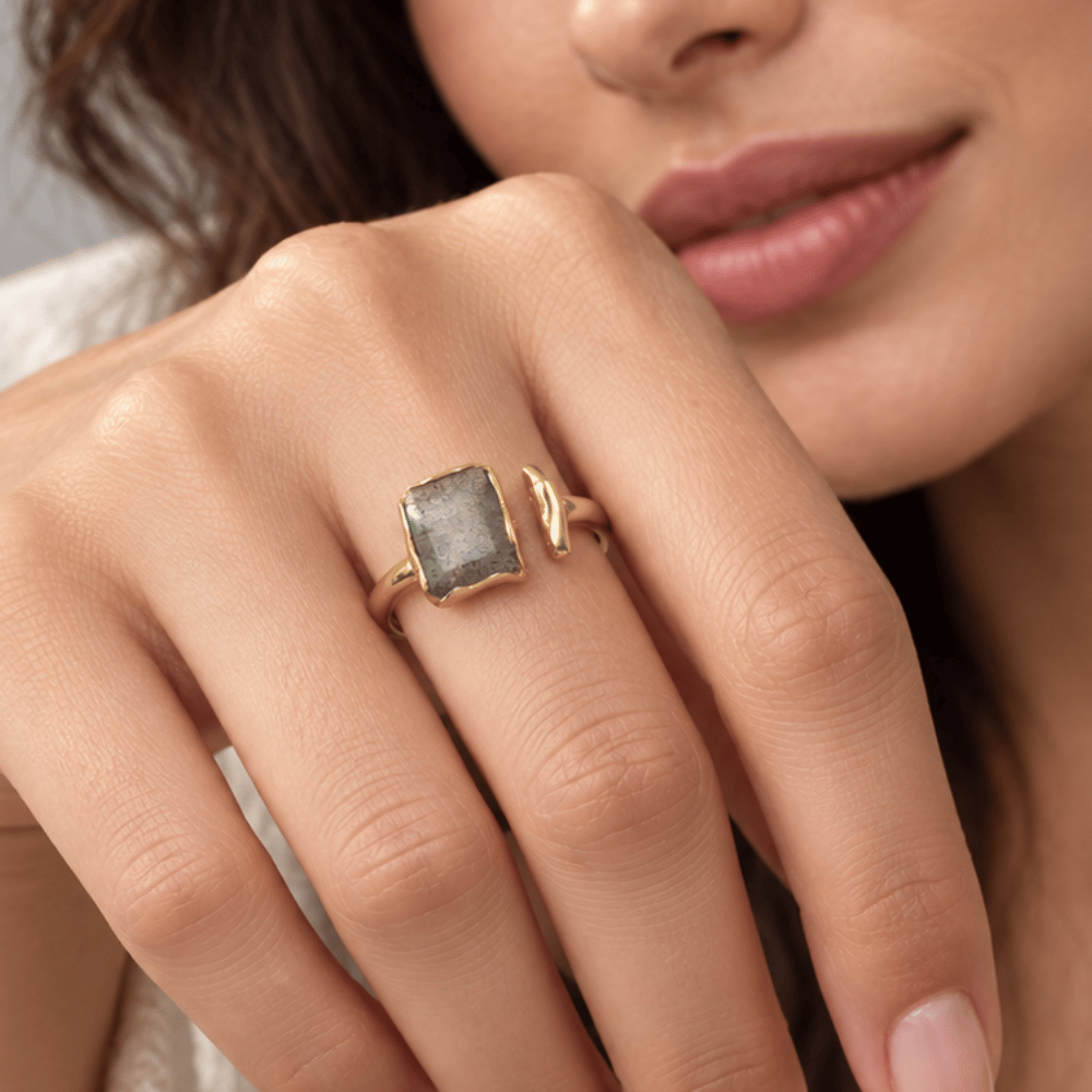 14 Karat Gold Plated Rectangular Labradorite Ring