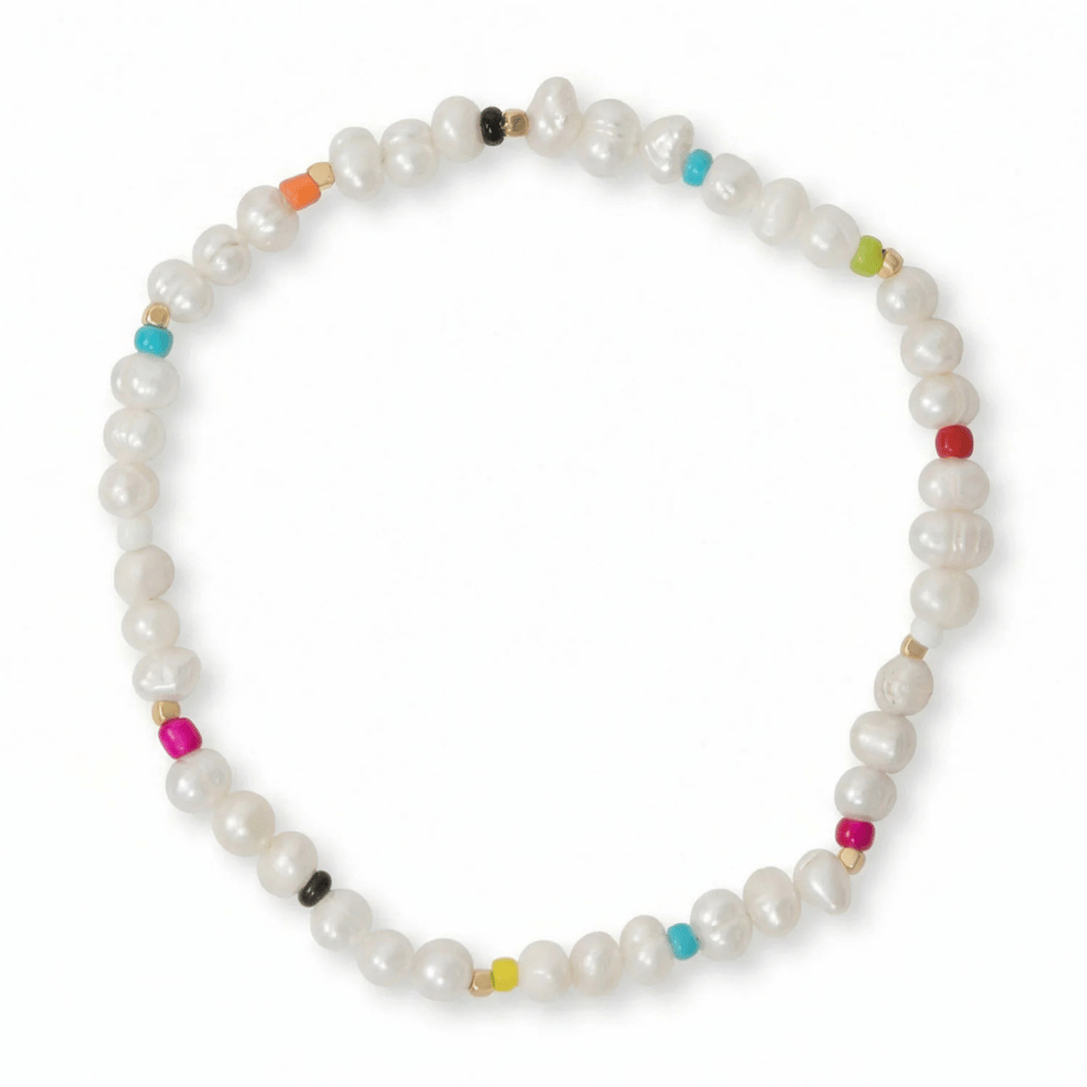 Rainbow Seed Bead and Cultured Freshwater Pearl 9" Stretch Anklet