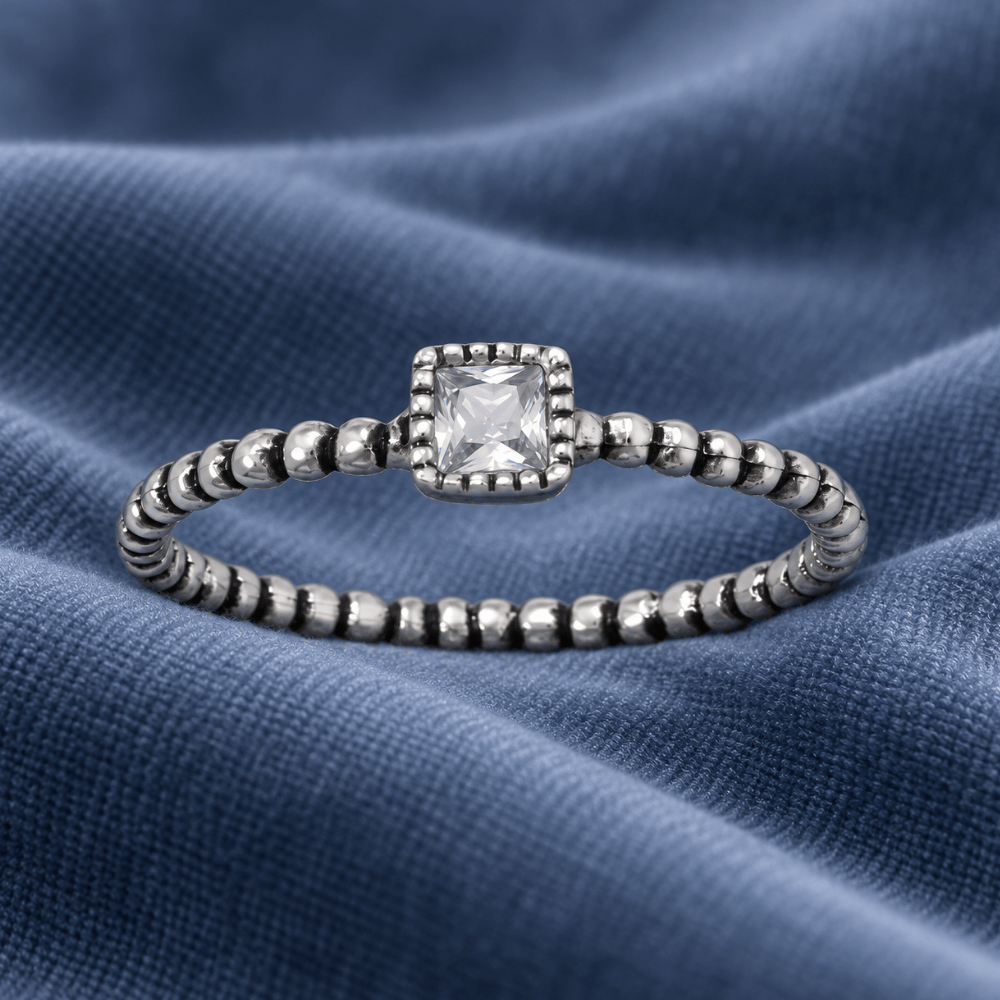 Rhodium Plated Oxidized Square CZ and Beaded Band Ring