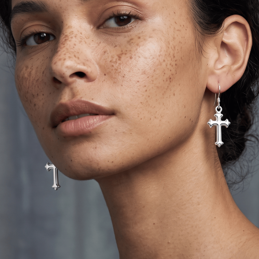 Ornate Polished Cross French Wire Earrings