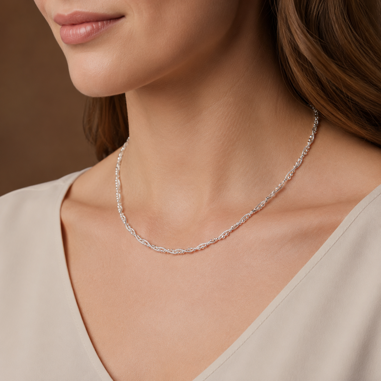 925 Sterling Silver Snake & Faceted Bead Twist Chain Necklace - 2mm