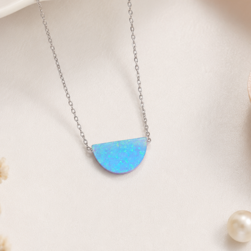 16" + 2" Rhodium Plated Synthetic Opal Semicircle Necklace
