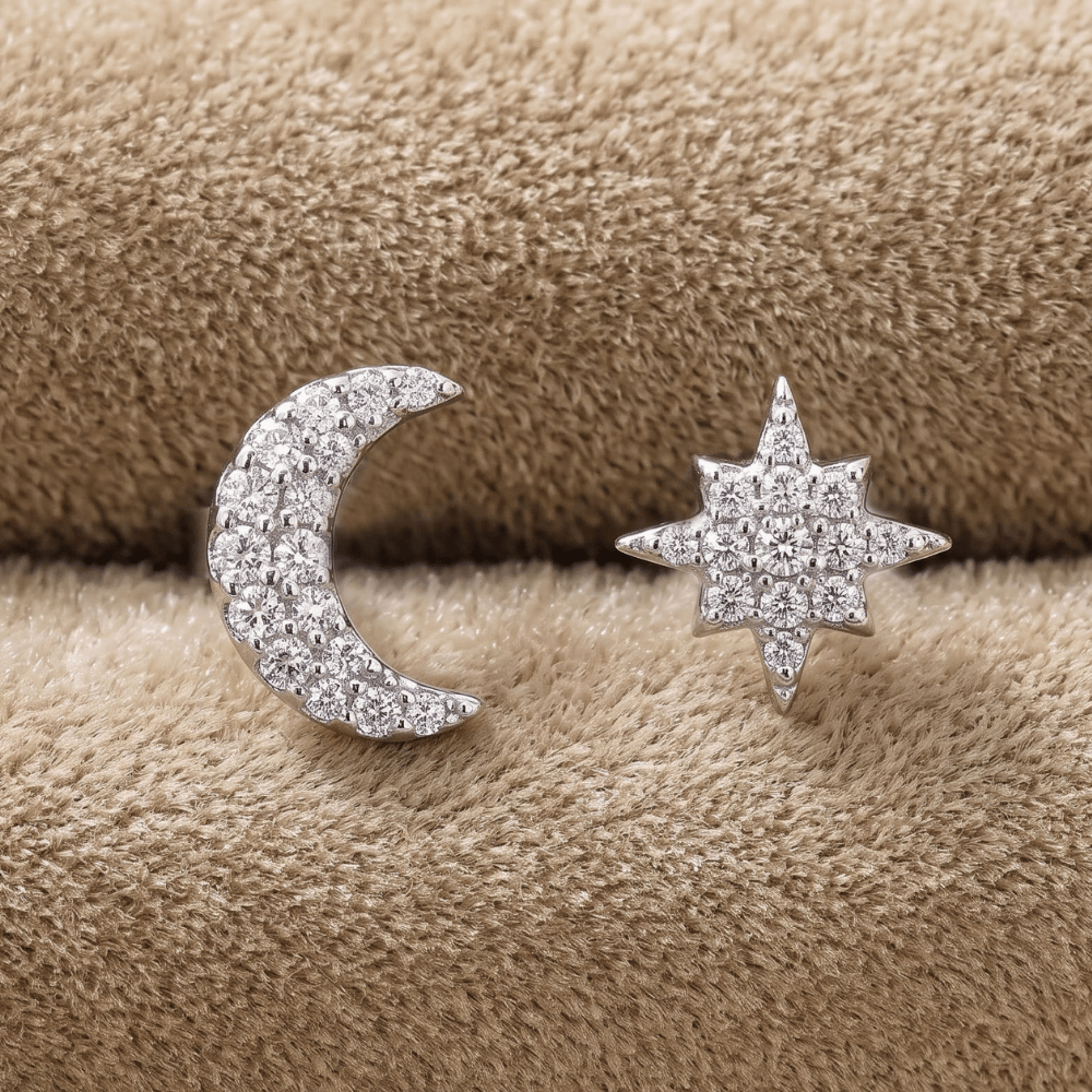 CZ Moon and Star Stud Earrings