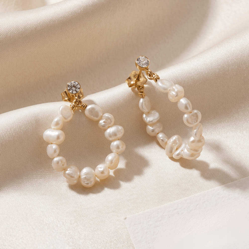 14 Karat Gold Plated Crystal and Cultured Freshwater Pearl Hoop Earrings