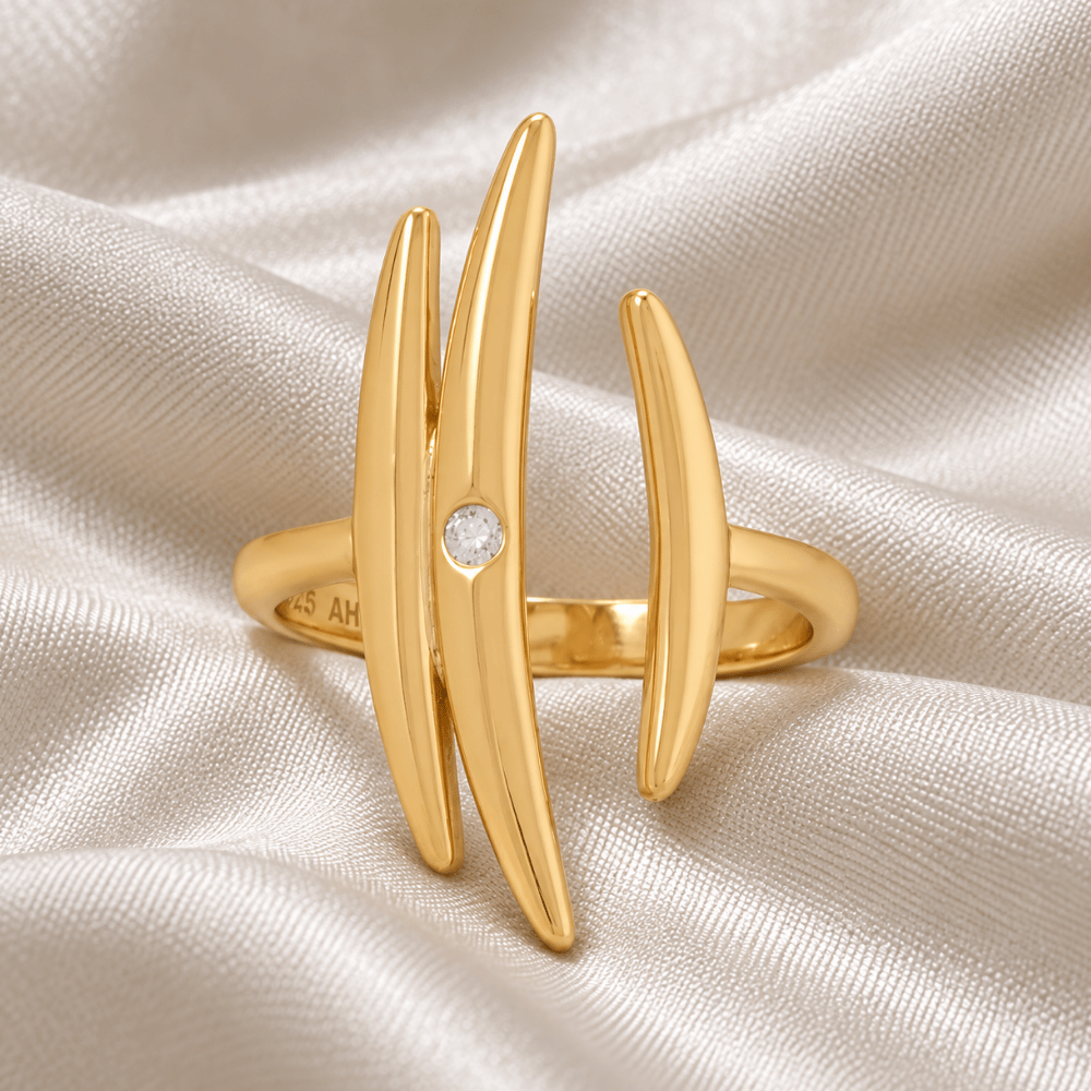 14 Karat Gold Plated Adjustable CZ Crescent Ring