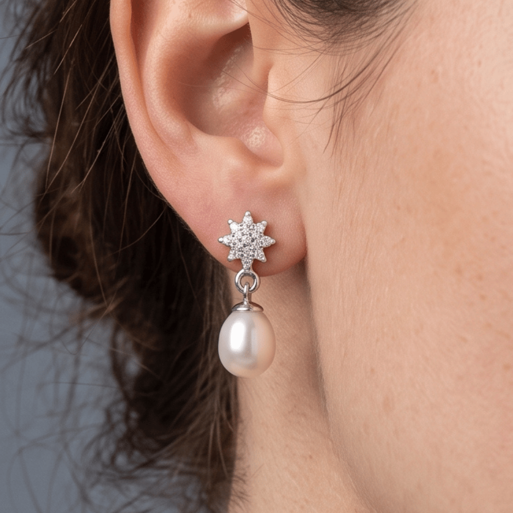 CZ Flower Post with Cultured Freshwater Pearl Drop Earrings