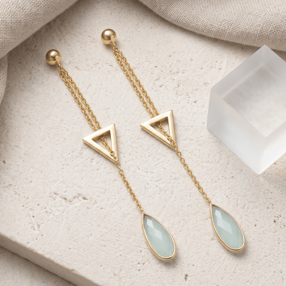 14 Karat Gold Plated Lariat Style Earrings with Chalcedony Drop