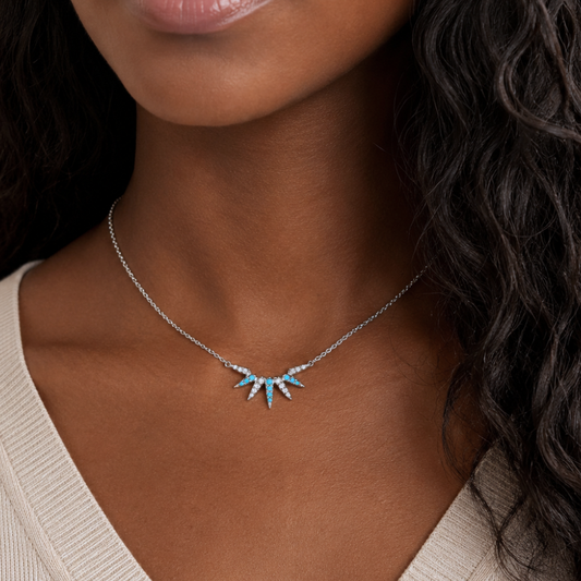 16" + 2" Rhodium Plated Synthetic Turquoise and CZ Spike Necklace