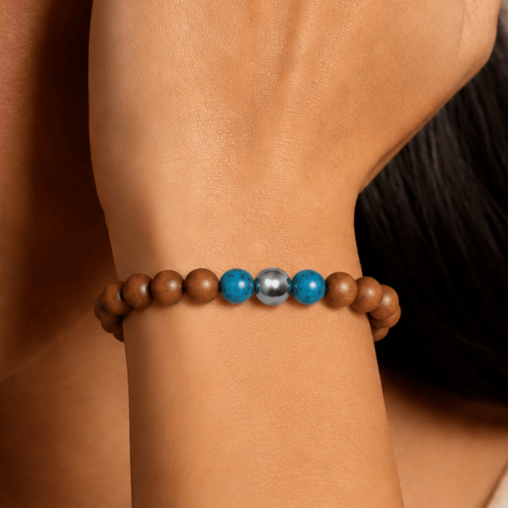 8-inch Blue Agate, Wood and Silver Bead Stretch Bracelet