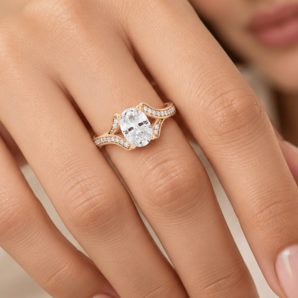 14 Karat Gold Plated Solitaire Oval Ring with CZ Band