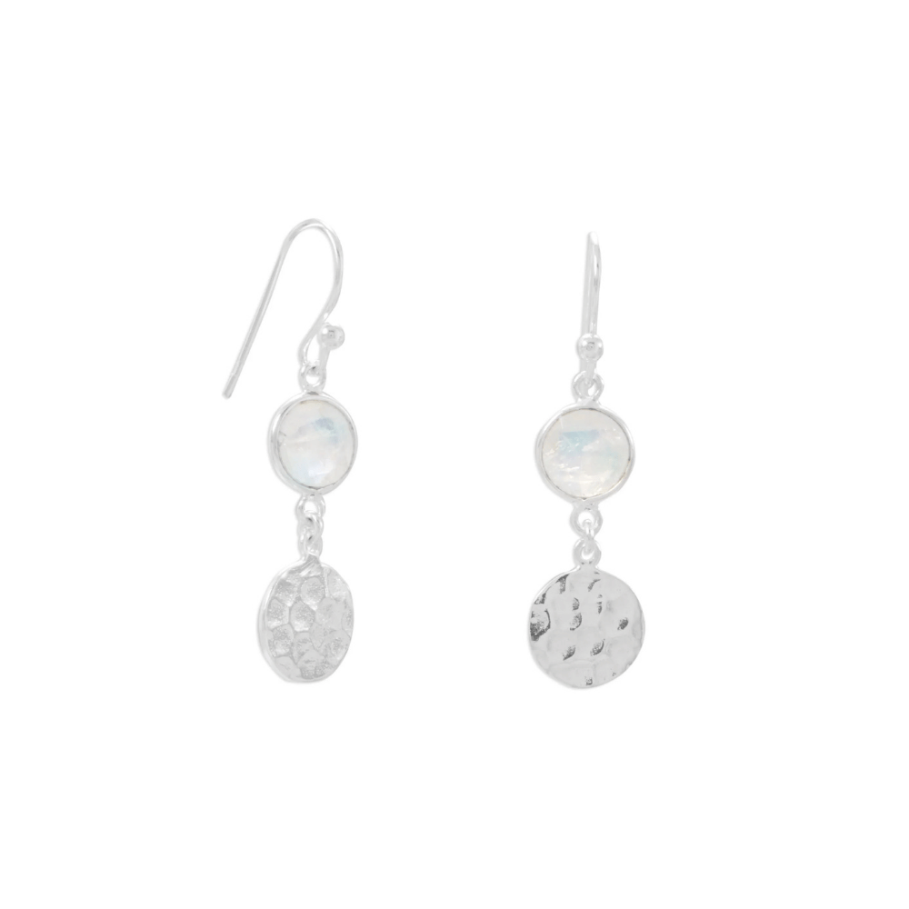 Polished Hammered Disc Rainbow Moonstone French Wire Earrings