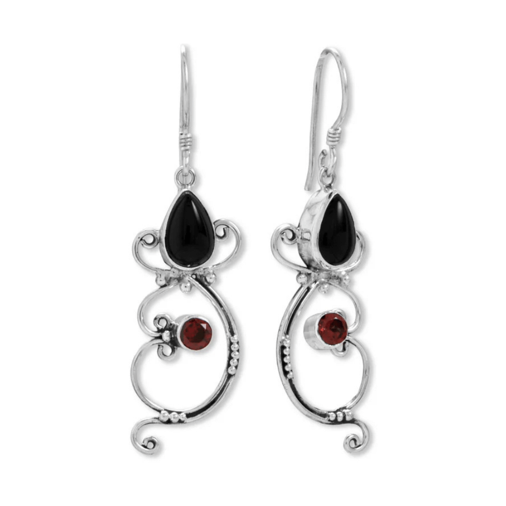 Black Onyx and Garnet Bali Earrings