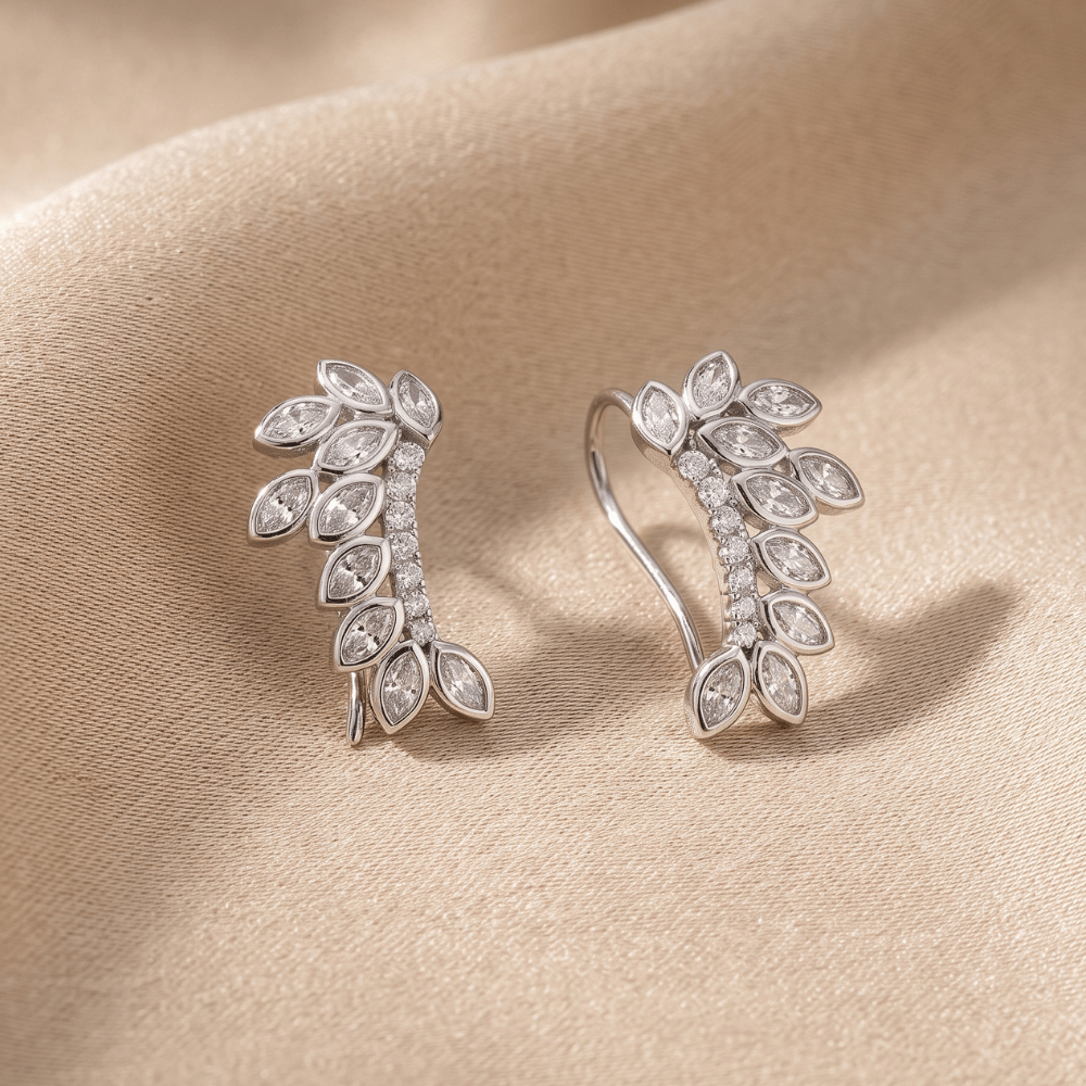 Rhodium Plated CZ Leaf Drop Earrings