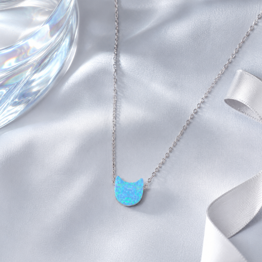 16" + 2" Rhodium Plated Synthetic Opal Kitty Cat Face Necklace
