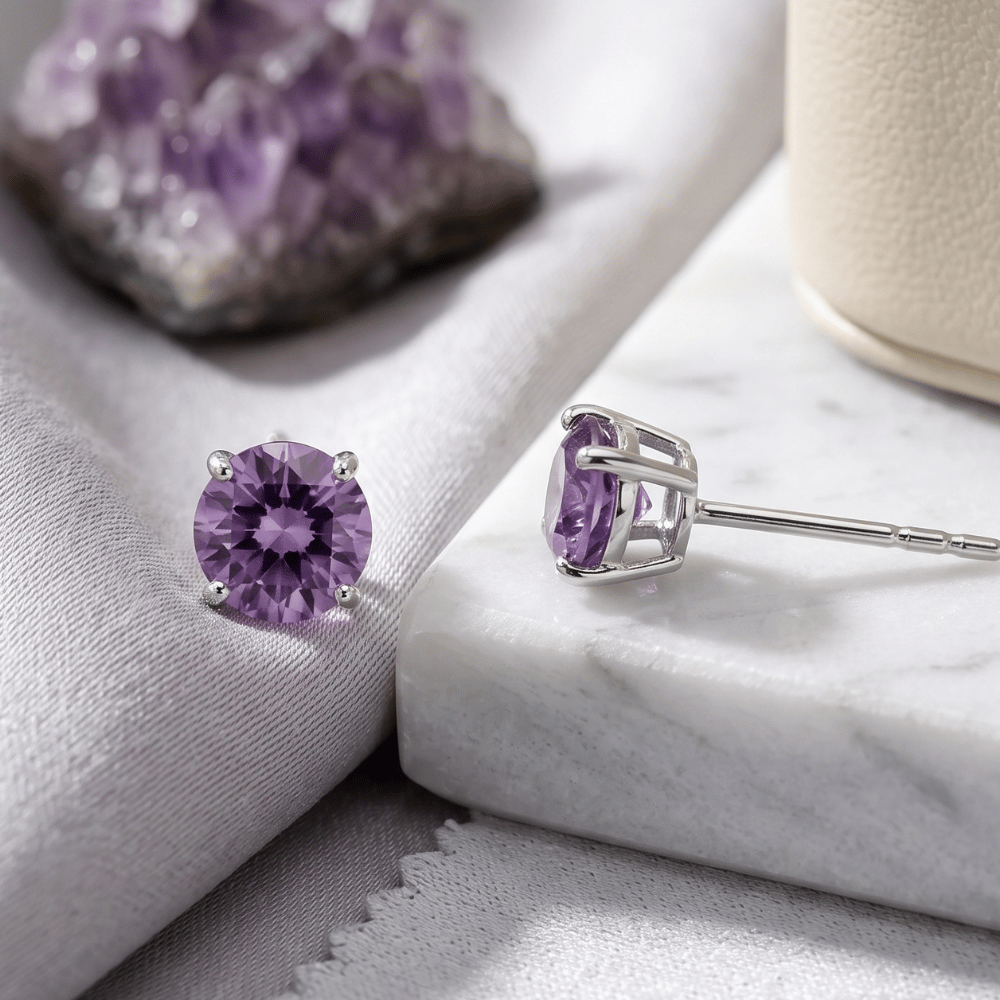 Rhodium Plated Birthstone Stud Earrings