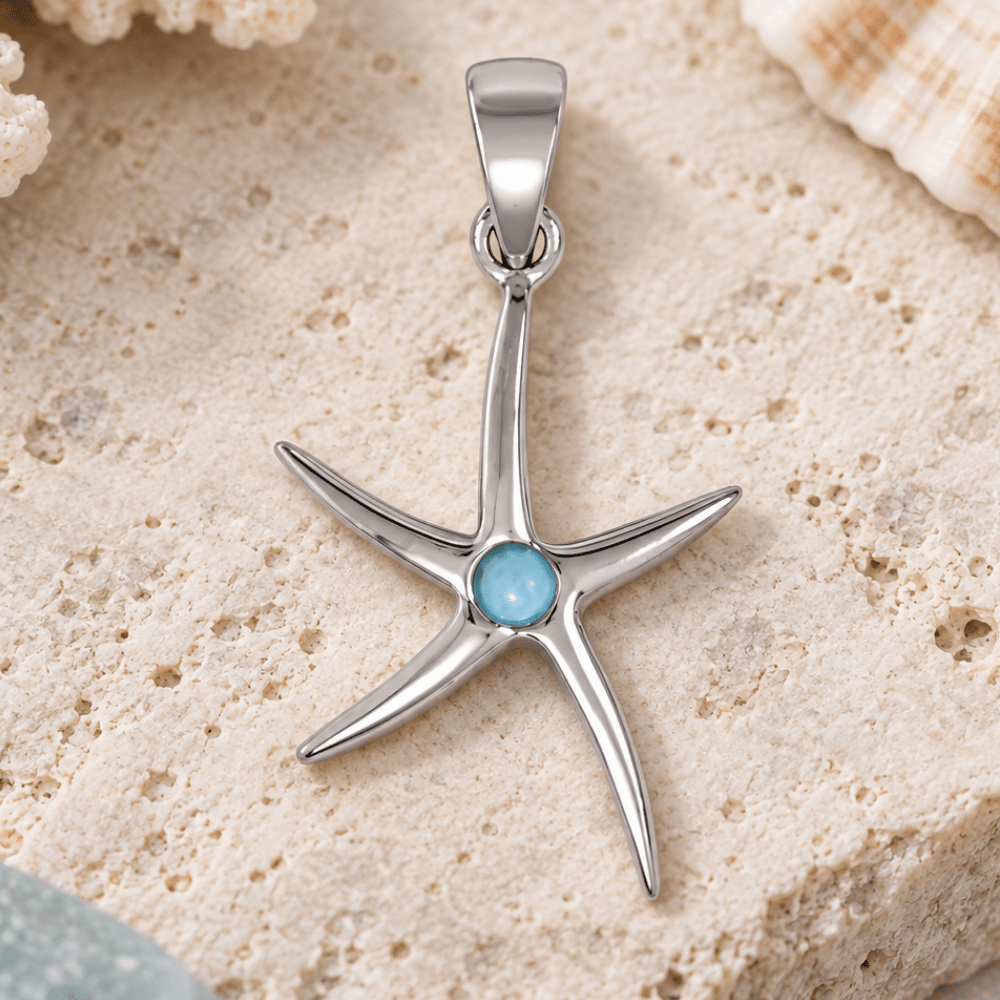 Rhodium Plated 2.5mm Larimar Starfish Pendant