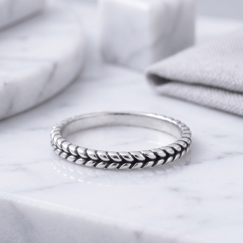 Rhodium Plated Oxidized Dainty Wheat Design Ring