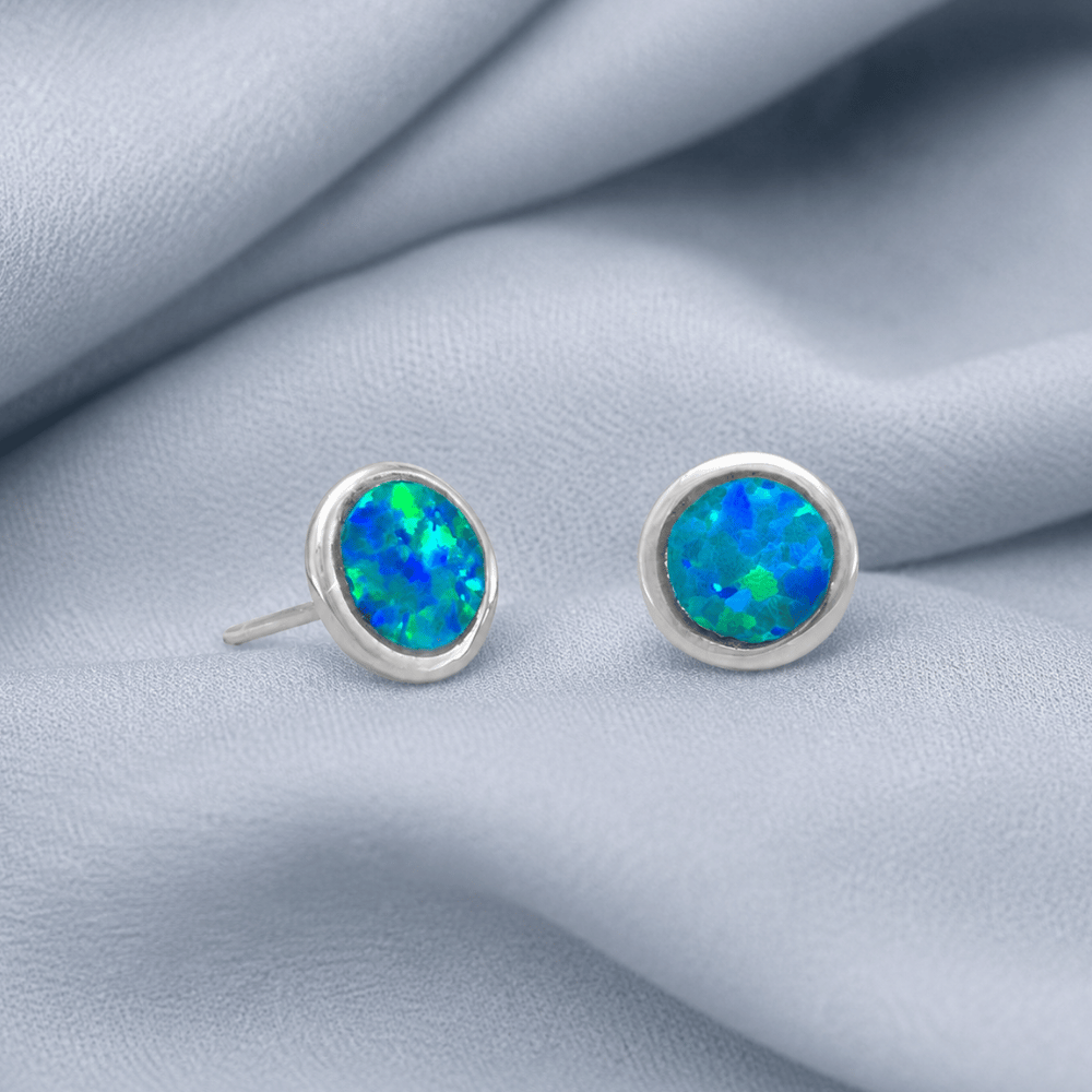 Rhodium Plated Synthetic Opal Stud Earrings