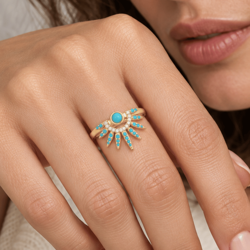 14 Karat Gold Plated Synthetic Turquoise and CZ Spike Ring