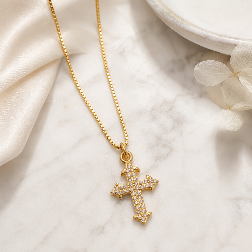 18" 14 Karat Gold Plated Diamond Studded Ornate Cross Necklace
