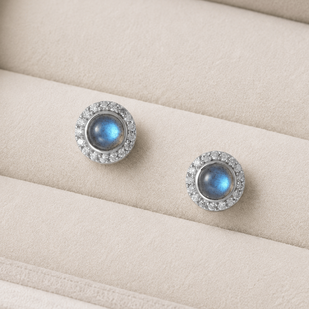 Rhodium Plated Labradorite and CZ Halo Stud Earrings