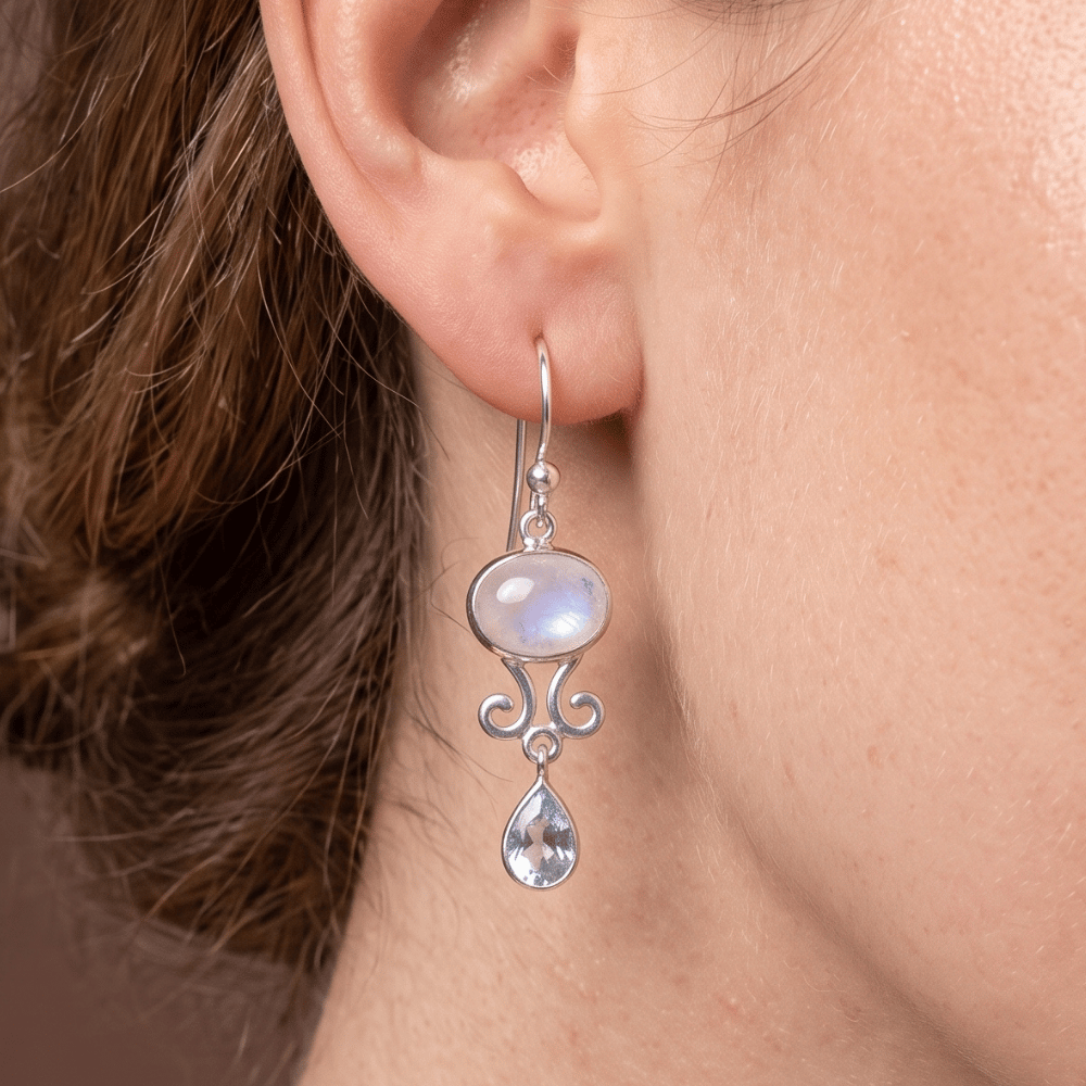 Rainbow Moonstone and Blue Topaz Drop Earrings