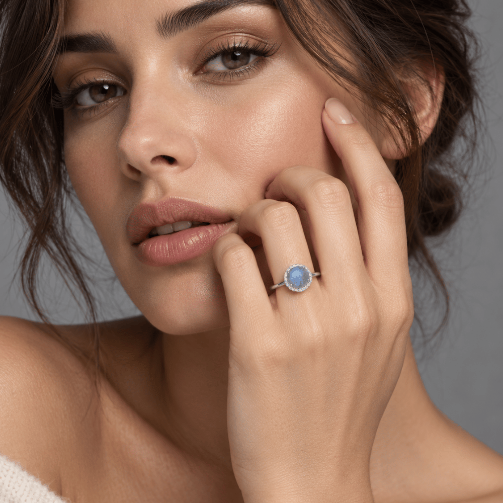 Rhodium Plated Labradorite and CZ Halo Ring