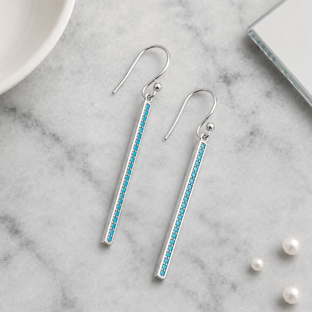 Rhodium Plated Nano Turquoise Bar Earrings