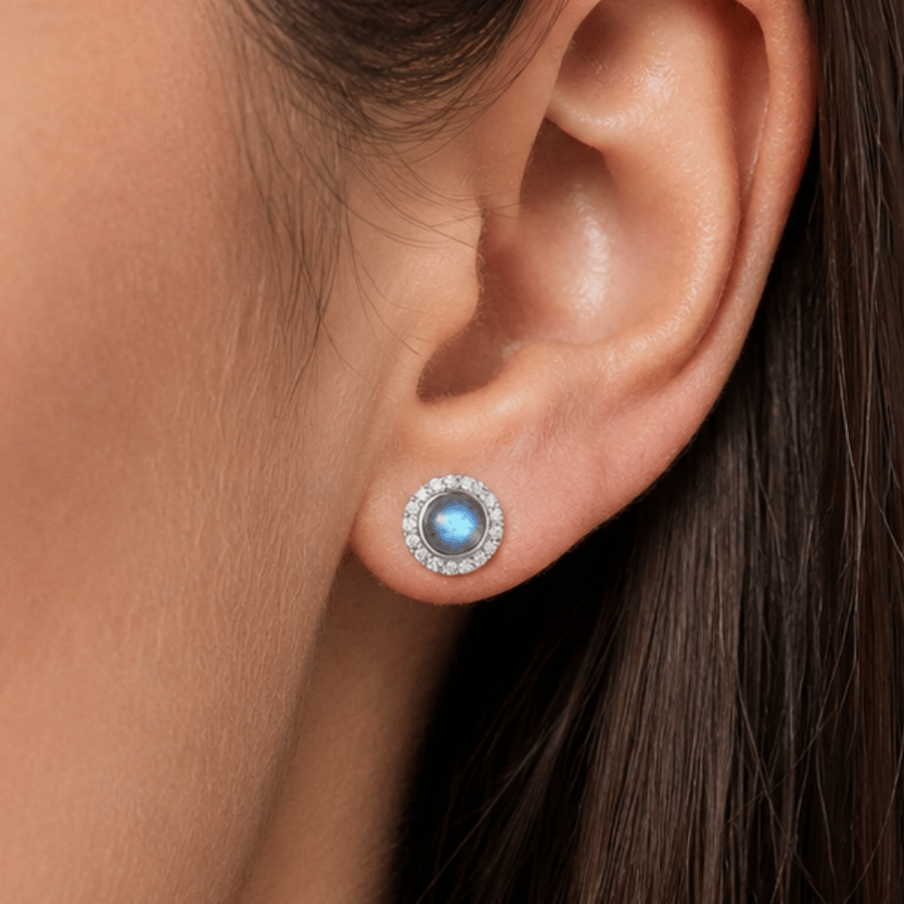 Rhodium Plated Labradorite and CZ Halo Stud Earrings