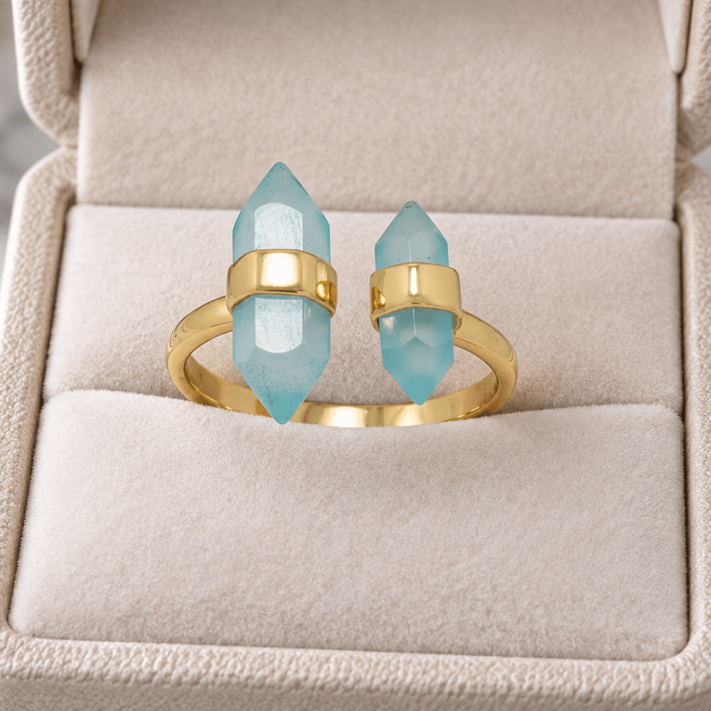 14 Karat Gold Plated Spike Pencil Cut Aqua Chalcedony Split Ring